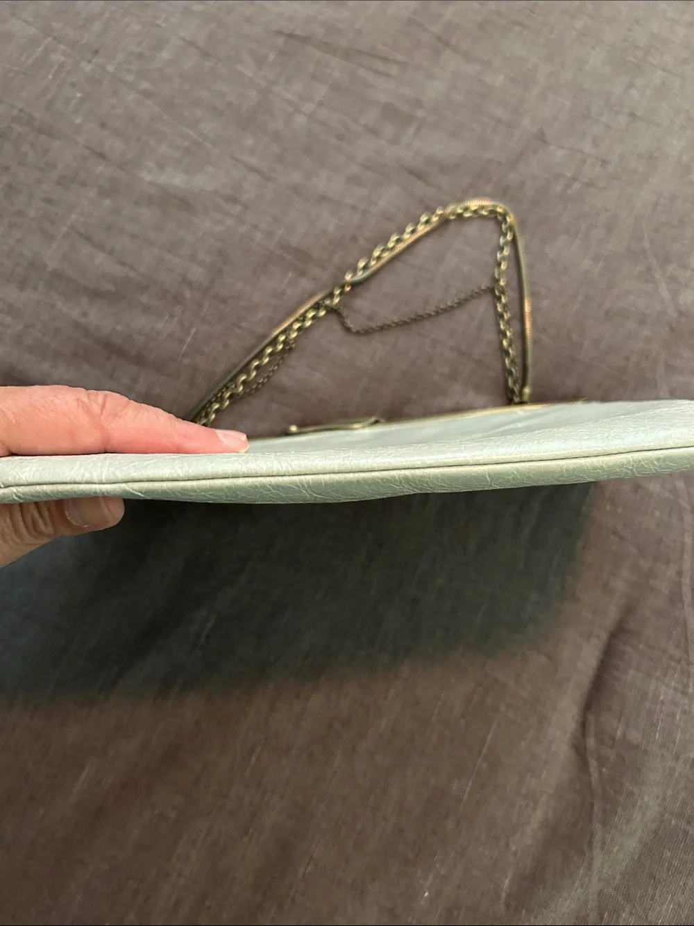 HOBO Pale Gray Leather Frame Clutch with Brass Chain - Picture 6 of 9